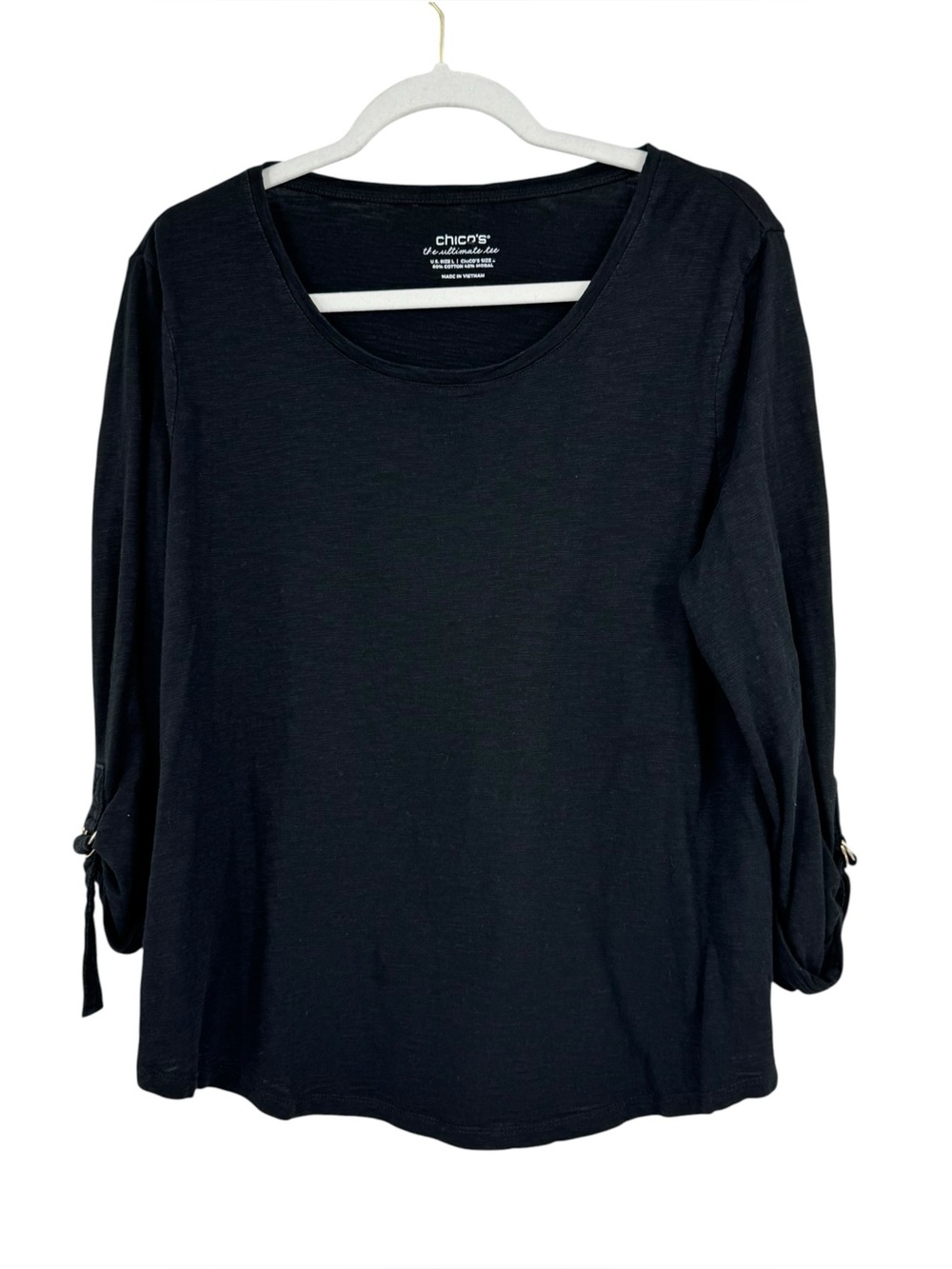 Chico’s Ultimate Tee Tacked Sleeves/Double Gold Rings Tunic Women’s Large Black
